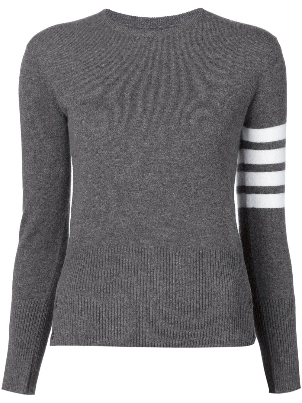 Thom Browne Crew neck Pullover With White 4 Bar Stripe In Grey Cashmere knitted sweaters of women 1 Thom Browne crew neck Pullover With White 4-Bar Stripe In Grey Cashmere