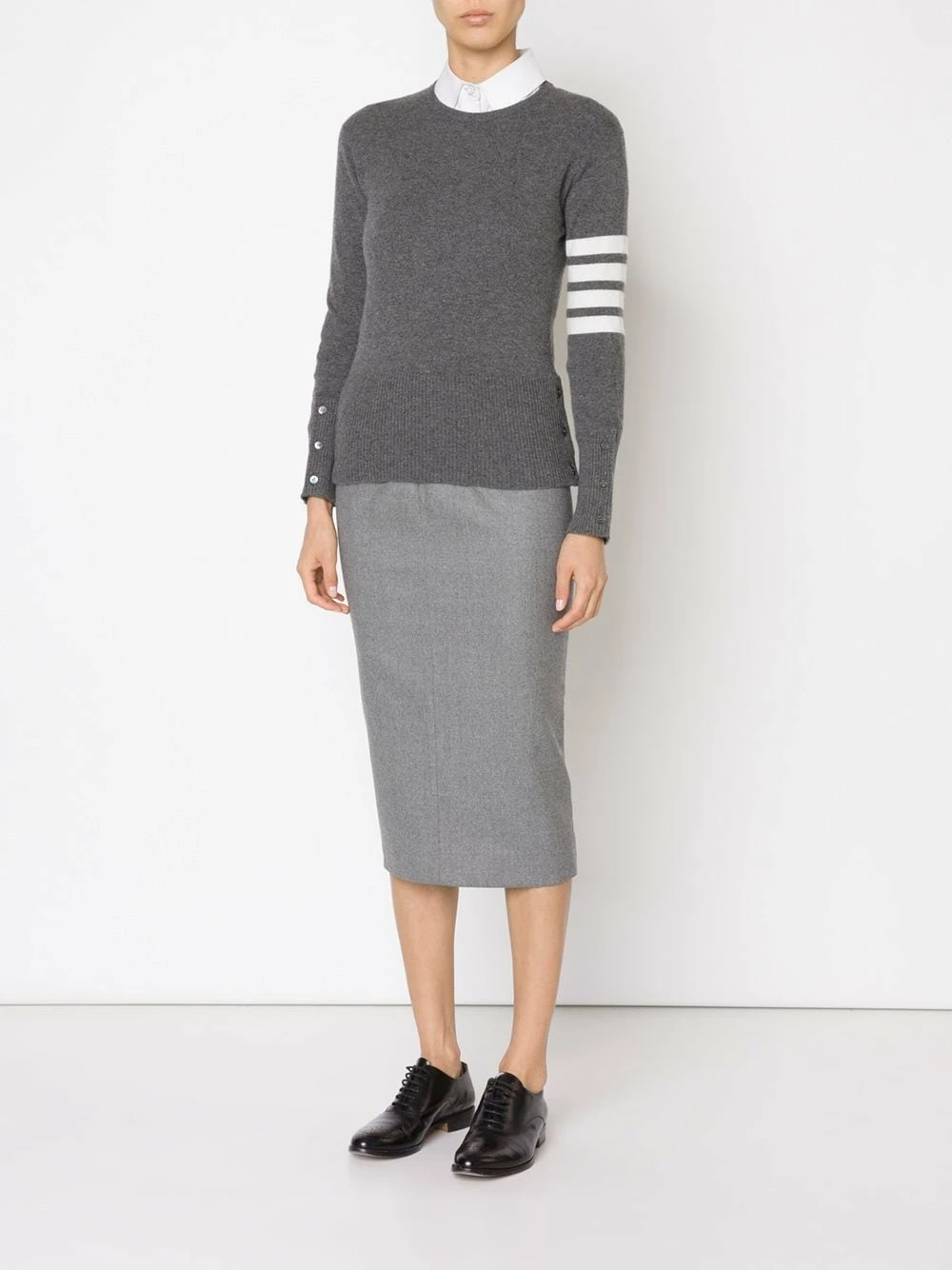 Thom Browne Crew neck Pullover With White 4 Bar Stripe In Grey Cashmere knitted sweaters of women 2 Thom Browne crew neck Pullover With White 4-Bar Stripe In Grey Cashmere