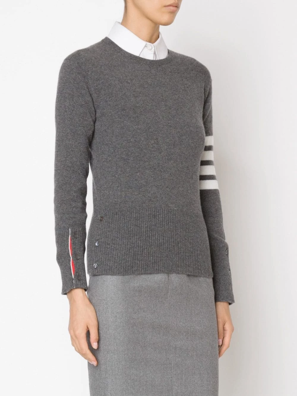 Thom Browne Crew neck Pullover With White 4 Bar Stripe In Grey Cashmere knitted sweaters of women 3 Thom Browne crew neck Pullover With White 4-Bar Stripe In Grey Cashmere