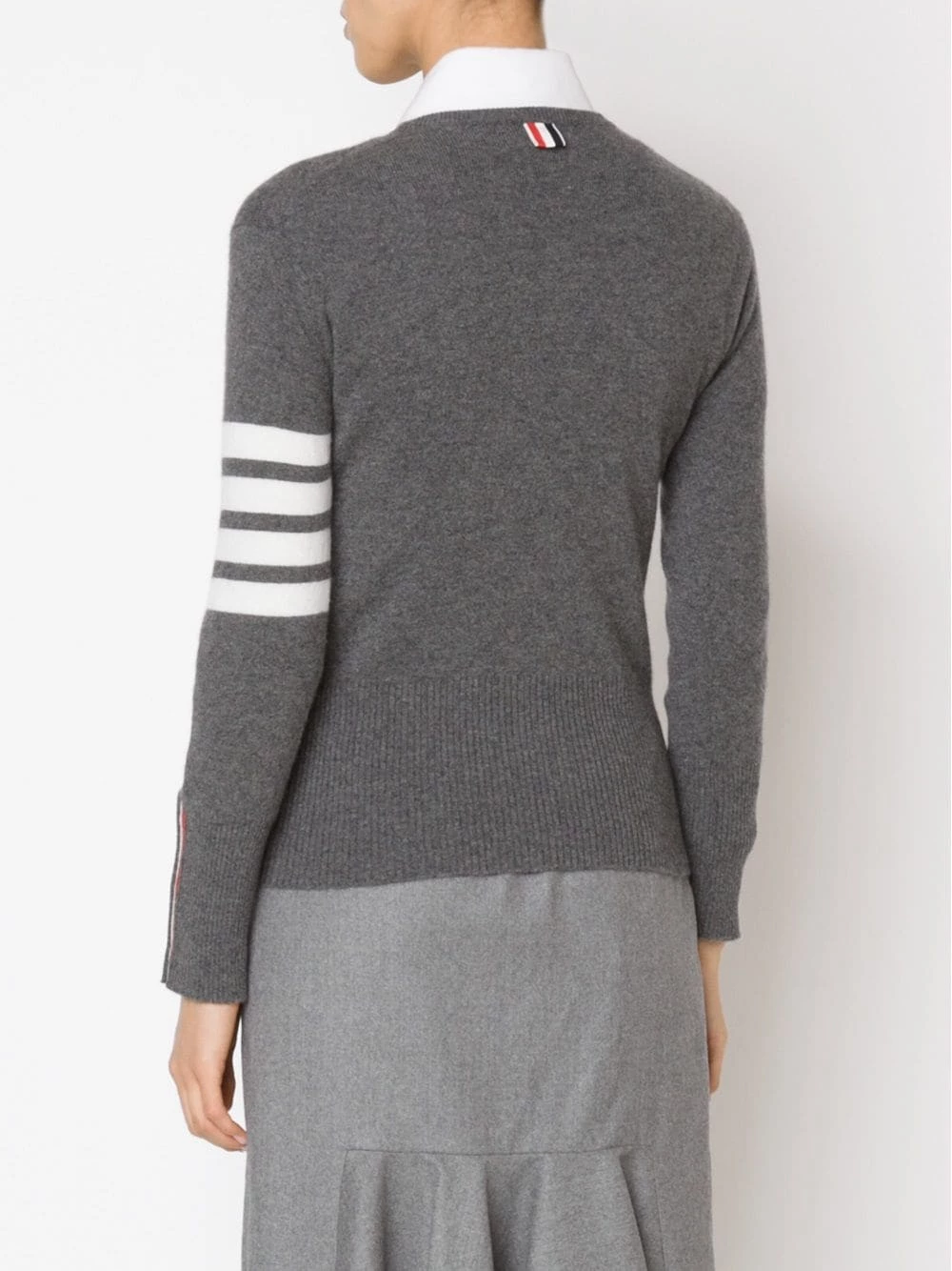 Thom Browne Crew neck Pullover With White 4 Bar Stripe In Grey Cashmere knitted sweaters of women 4 Thom Browne crew neck Pullover With White 4-Bar Stripe In Grey Cashmere