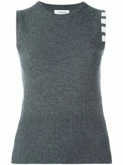 Thom Browne Sleeveless crew neck Shell Top With 4-Bar Stripe In Medium Grey Cashmere