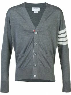 Thom Browne V-Neck Cardigan With 4-Bar Stripe In Medium Grey Merino
