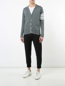 Thom Browne V-Neck Cardigan With 4-Bar Stripe In Medium Grey Merino