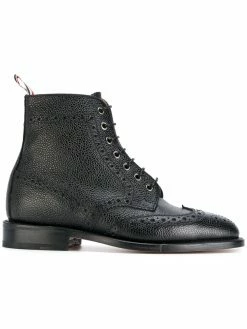 Thom Browne Wingtip Brogue Boot With Leather Sole In Black Pebble Grain