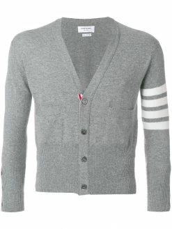 Thom Browne Short V-Neck Cardigan With 4-Bar Stripe In Light Grey Cashmere