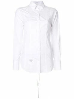 Thom Browne Lace-up Back Long Sleeve Button Down Point Collar Shirt In Solid Poplin