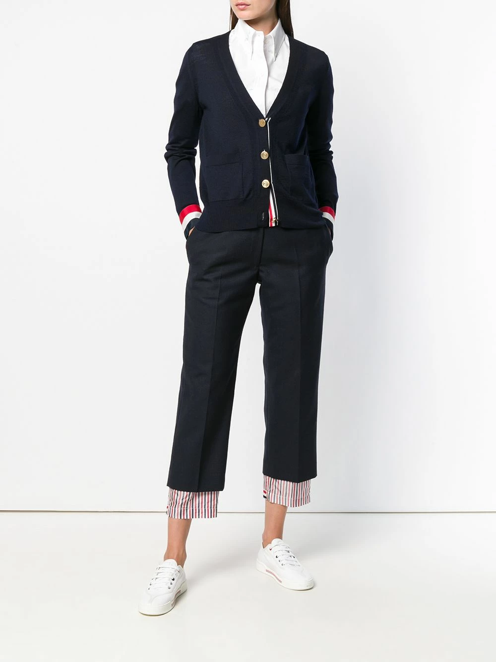 Thom Browne Grosgrain Cuff Wool Cardigan cardigans of women 2 Thom Browne Grosgrain Cuff Wool Cardigan