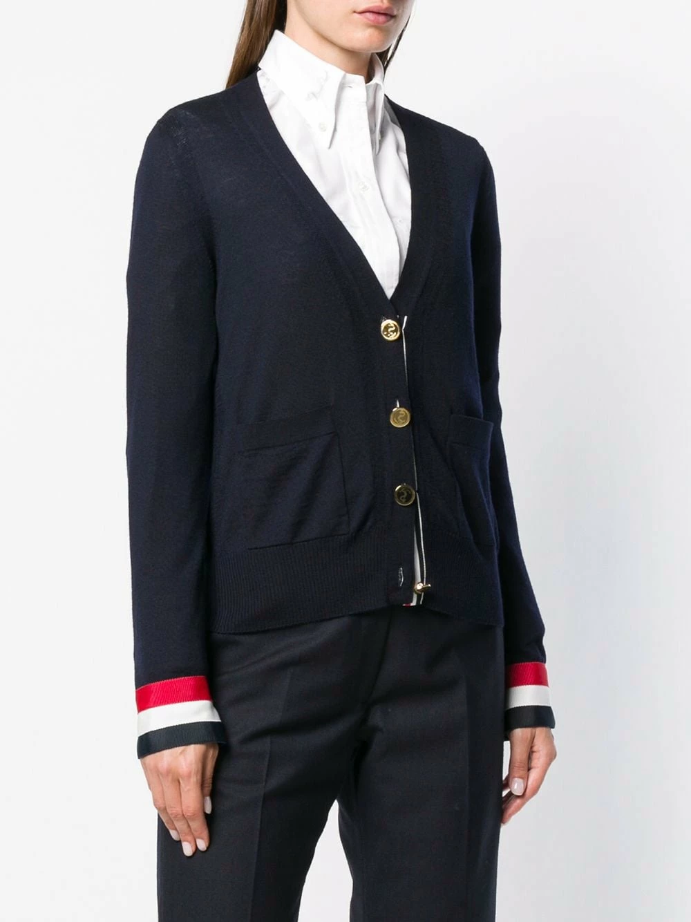 Thom Browne Grosgrain Cuff Wool Cardigan cardigans of women 3 Thom Browne Grosgrain Cuff Wool Cardigan
