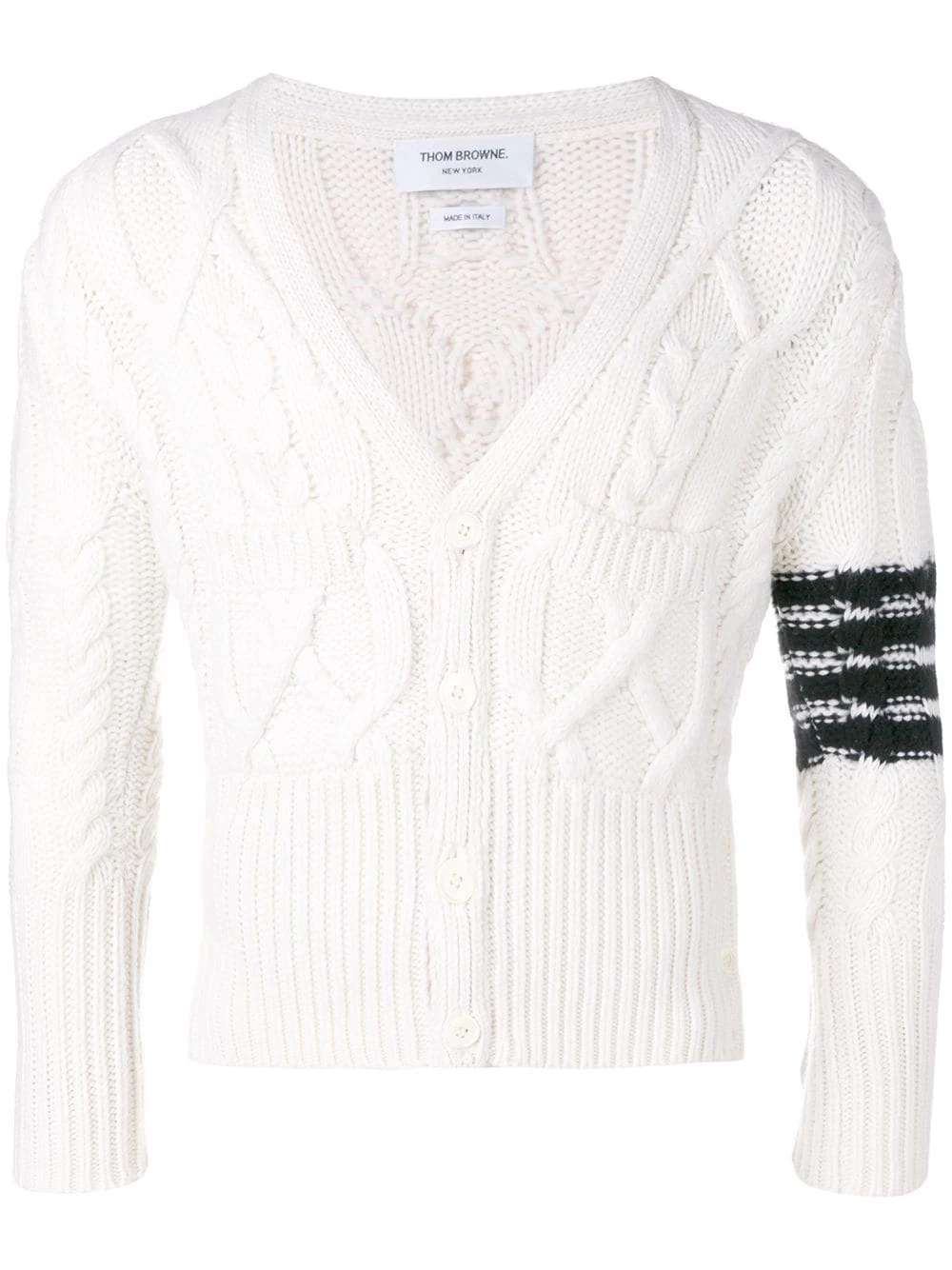 Thom Browne 4 bar Aran Cable Short Cardigan cardigans of men 1 Thom Browne 4-bar Aran Cable Short Cardigan