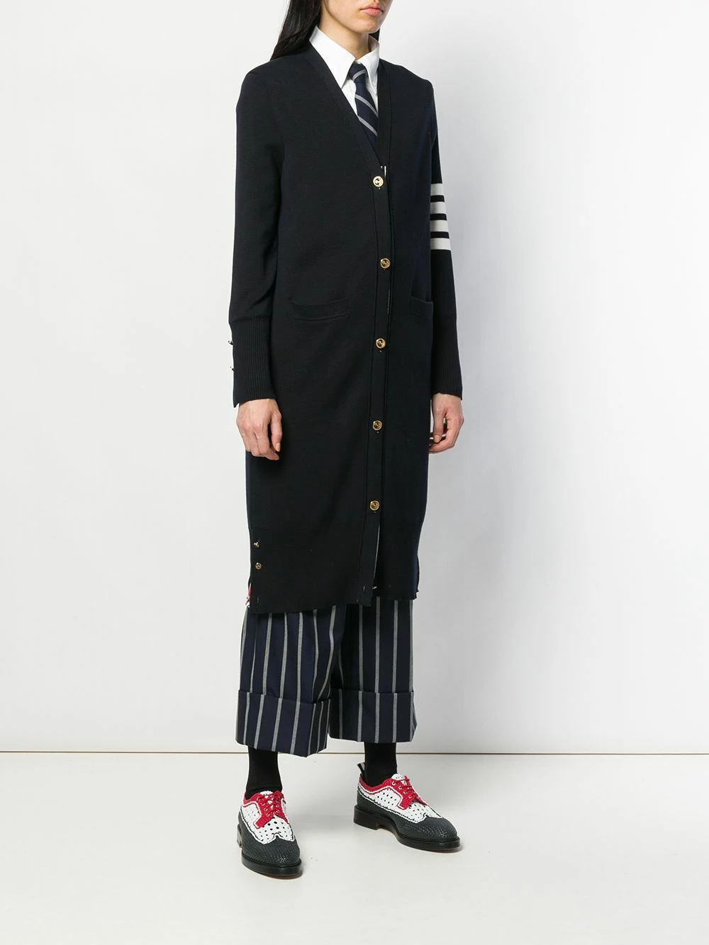 Thom Browne 4 Bar v neck long cardigan cardi-coats of women 3 Thom Browne 4-Bar v-neck long cardigan