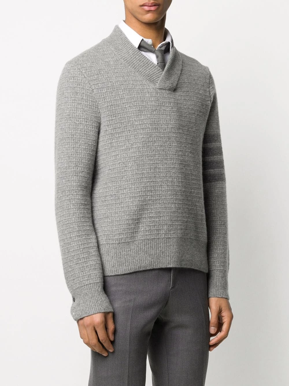 Thom Browne Tonal 4 Bar shawl pullover knitted sweaters of men 3 Thom Browne tonal 4-Bar shawl pullover
