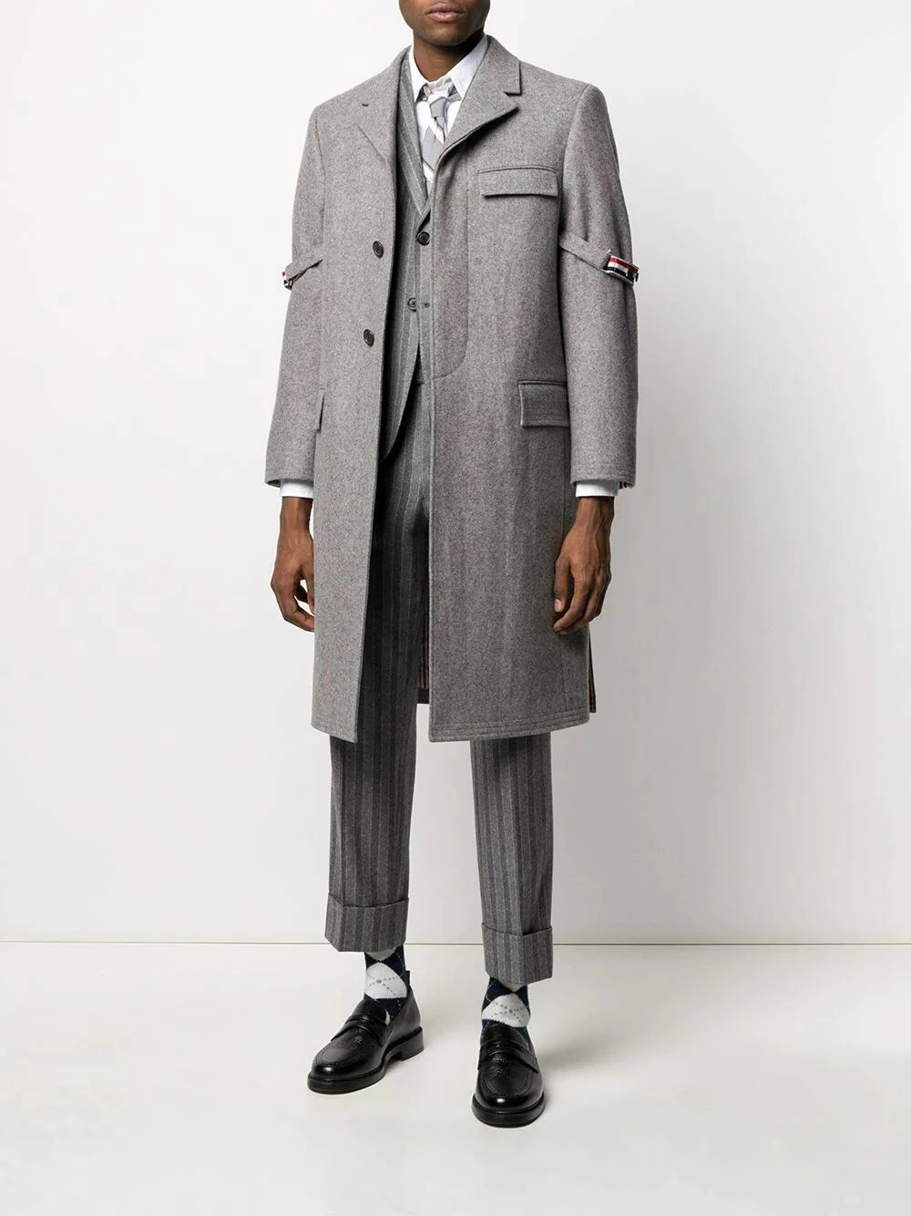 Thom Browne Removable grosgrain armband Chesterfield overcoat single breasted coats of men 2 Thom Browne removable-grosgrain armband Chesterfield overcoat