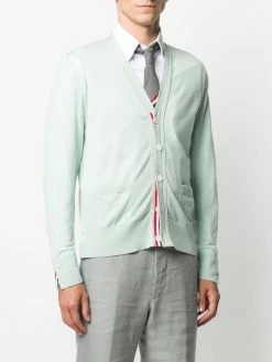 Thom Browne v-neck tricolour-stripe merino cardigan