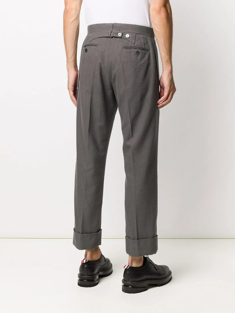 Thom Browne Backstrap side stripe cotton trousers regular-fit & straight leg pants of men 4 Thom Browne backstrap side-stripe cotton trousers