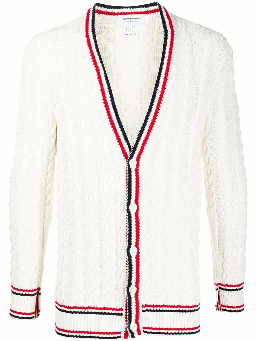 Thom Browne Heritage cable knit RWB stripe cardigan sweatshirts & knitwear of men 1 Thom Browne heritage cable knit RWB stripe cardigan