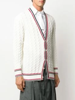 Thom Browne Heritage cable knit RWB stripe cardigan sweatshirts & knitwear of men 7 Thom Browne heritage cable knit RWB stripe cardigan