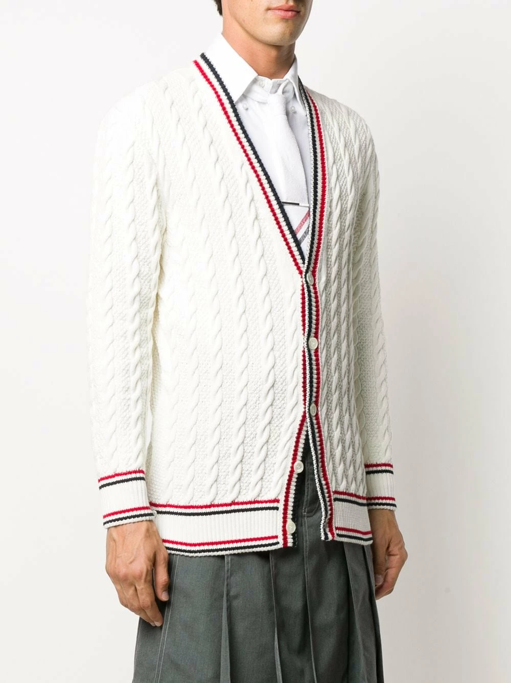 Thom Browne Heritage cable knit RWB stripe cardigan sweatshirts & knitwear of men 3 Thom Browne heritage cable knit RWB stripe cardigan