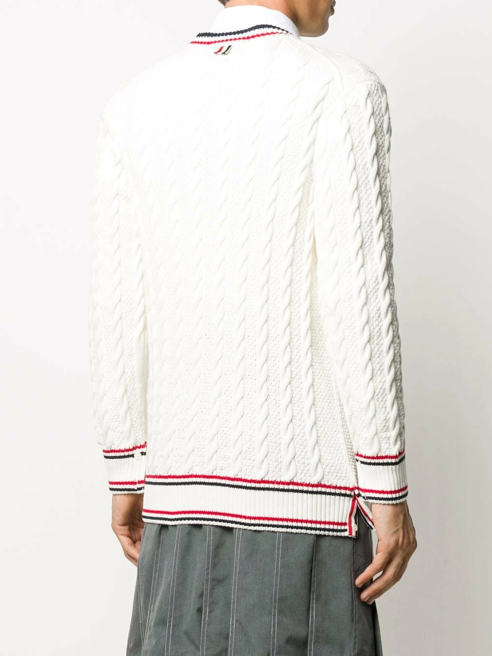 Thom Browne Heritage cable knit RWB stripe cardigan sweatshirts & knitwear of men 4 Thom Browne heritage cable knit RWB stripe cardigan