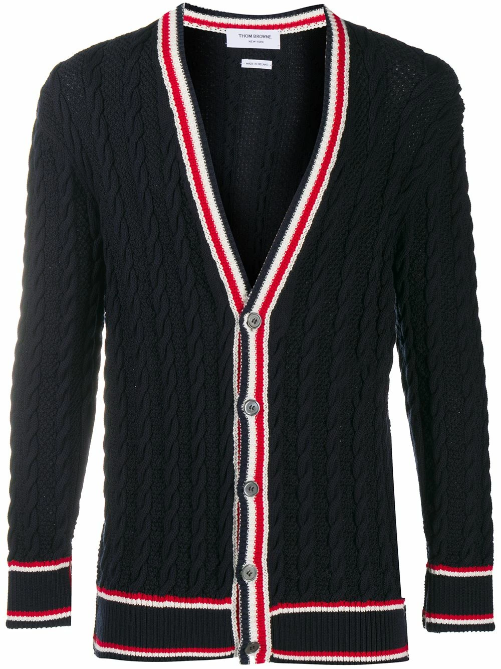 Thom Browne Cable knit V neck cardigan cardigans of men 1 Thom Browne cable knit V-neck cardigan