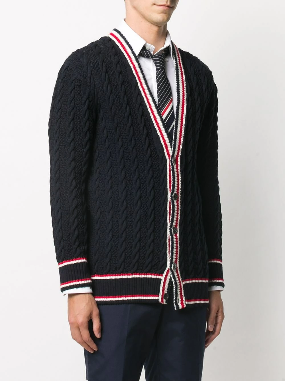 Thom Browne Cable knit V neck cardigan cardigans of men 3 Thom Browne cable knit V-neck cardigan