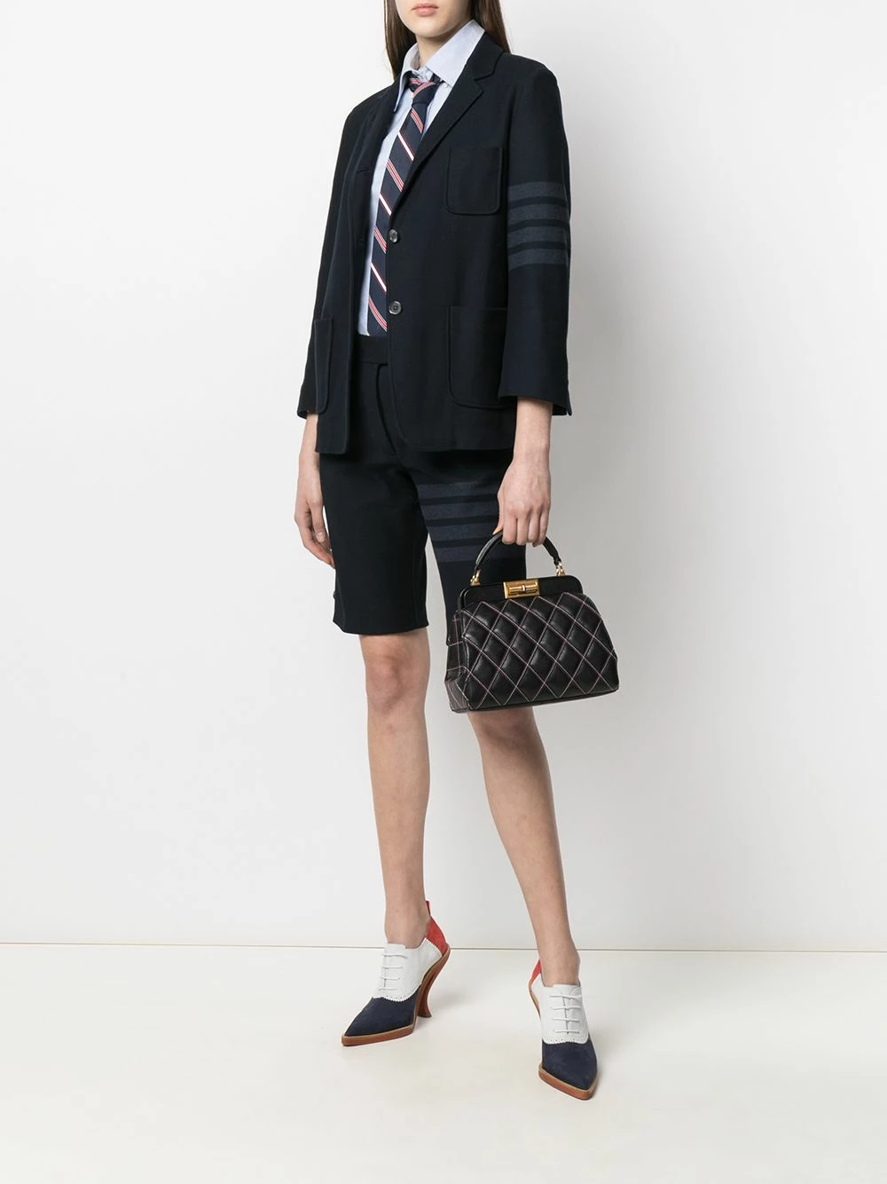 Thom Browne 4 Bar stripe twill sack jacket blazers of women 2 Thom Browne 4-Bar stripe twill sack jacket