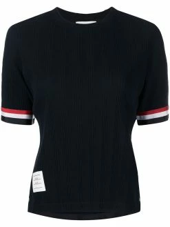Thom Browne SHORT SLEEVE TEE W/ RWB GROSGRAIN CUFF IN HIGH TWIST VARIEGATED RIB