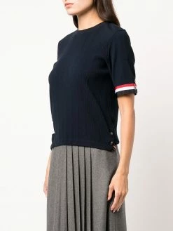 Thom Browne SHORT SLEEVE TEE W/ RWB GROSGRAIN CUFF IN HIGH TWIST VARIEGATED RIB